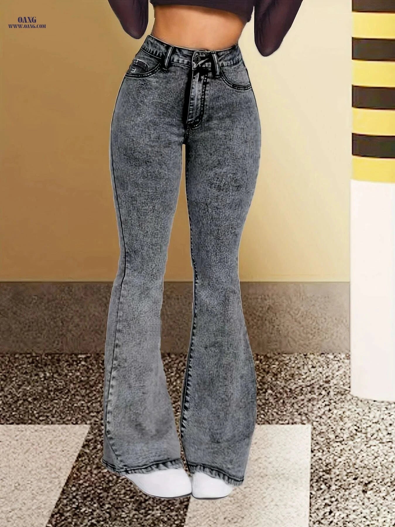 Elegant Grey Slim-Fit Flare Jeans for Women - High Waist Comfort   OAXG grey / XS