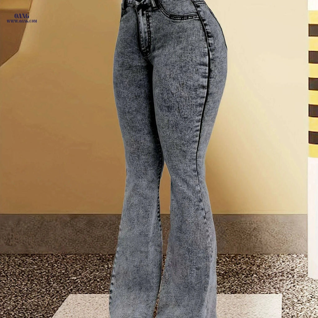 Elegant Grey Slim-Fit Flare Jeans for Women - High Waist Comfort   OAXG grey / XS