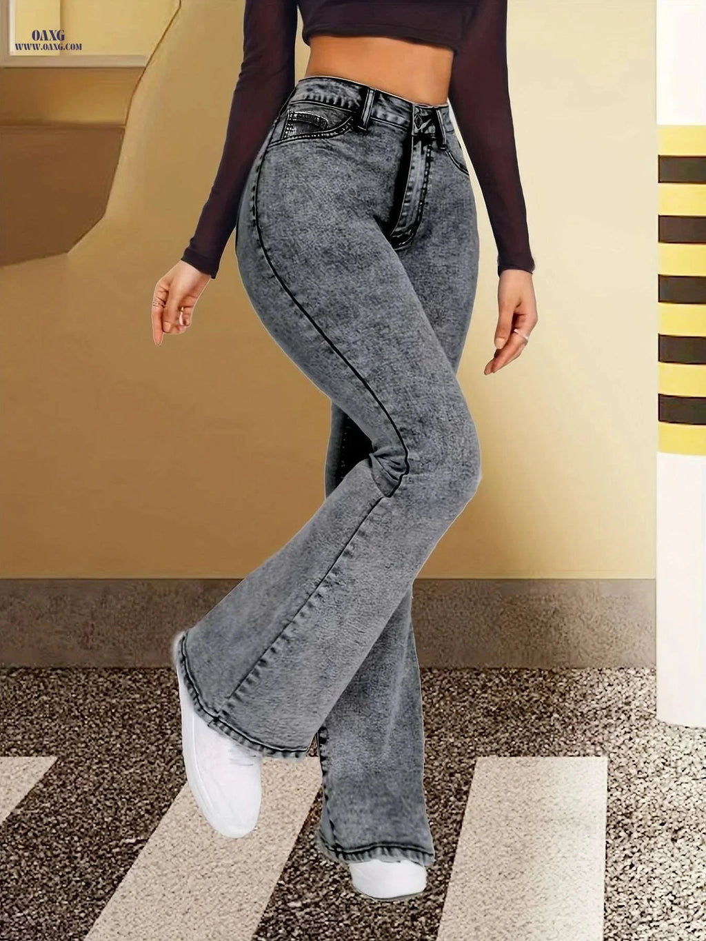 Elegant Grey Slim-Fit Flare Jeans for Women - High Waist Comfort   OAXG grey / XS