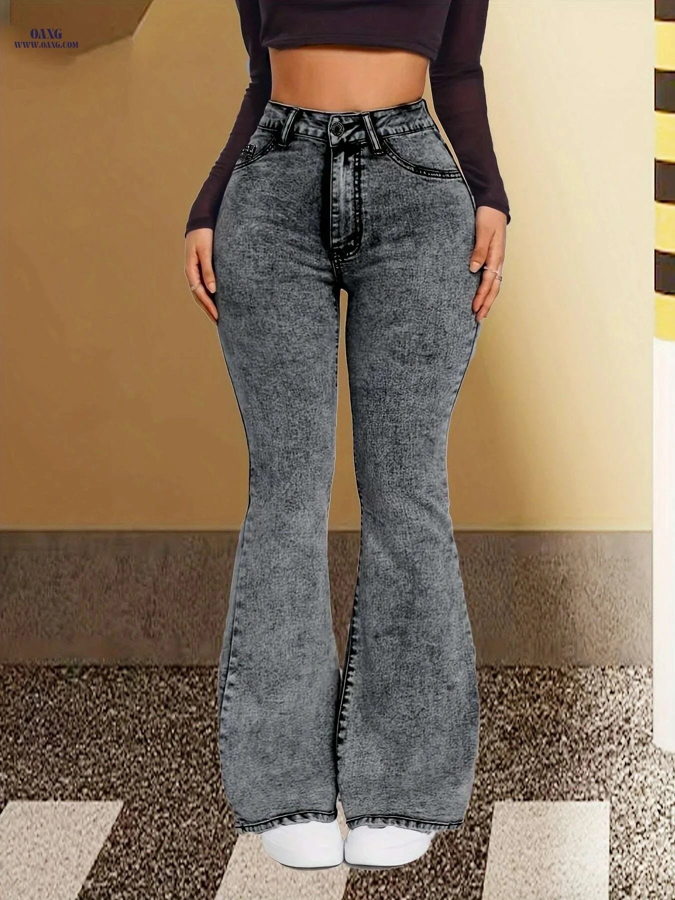 Elegant Grey Slim-Fit Flare Jeans for Women - High Waist Comfort   OAXG grey / XS