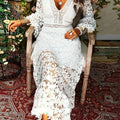 Elegant Guipure Lace V Neck Cocktail Dress - Long Sleeve Sheath   OAXG Ivory White / S