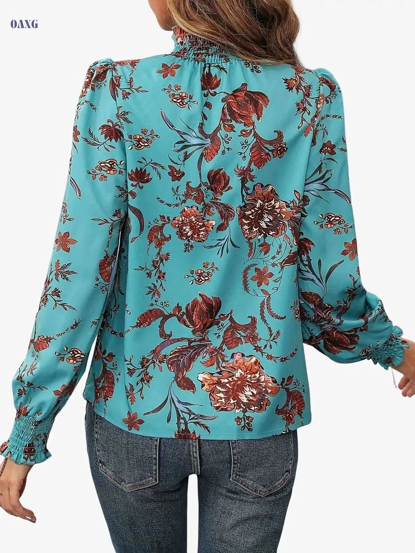 Elegant High Neck Floral Blouse - Ruffle Detail, All-Season Top   OAXG 