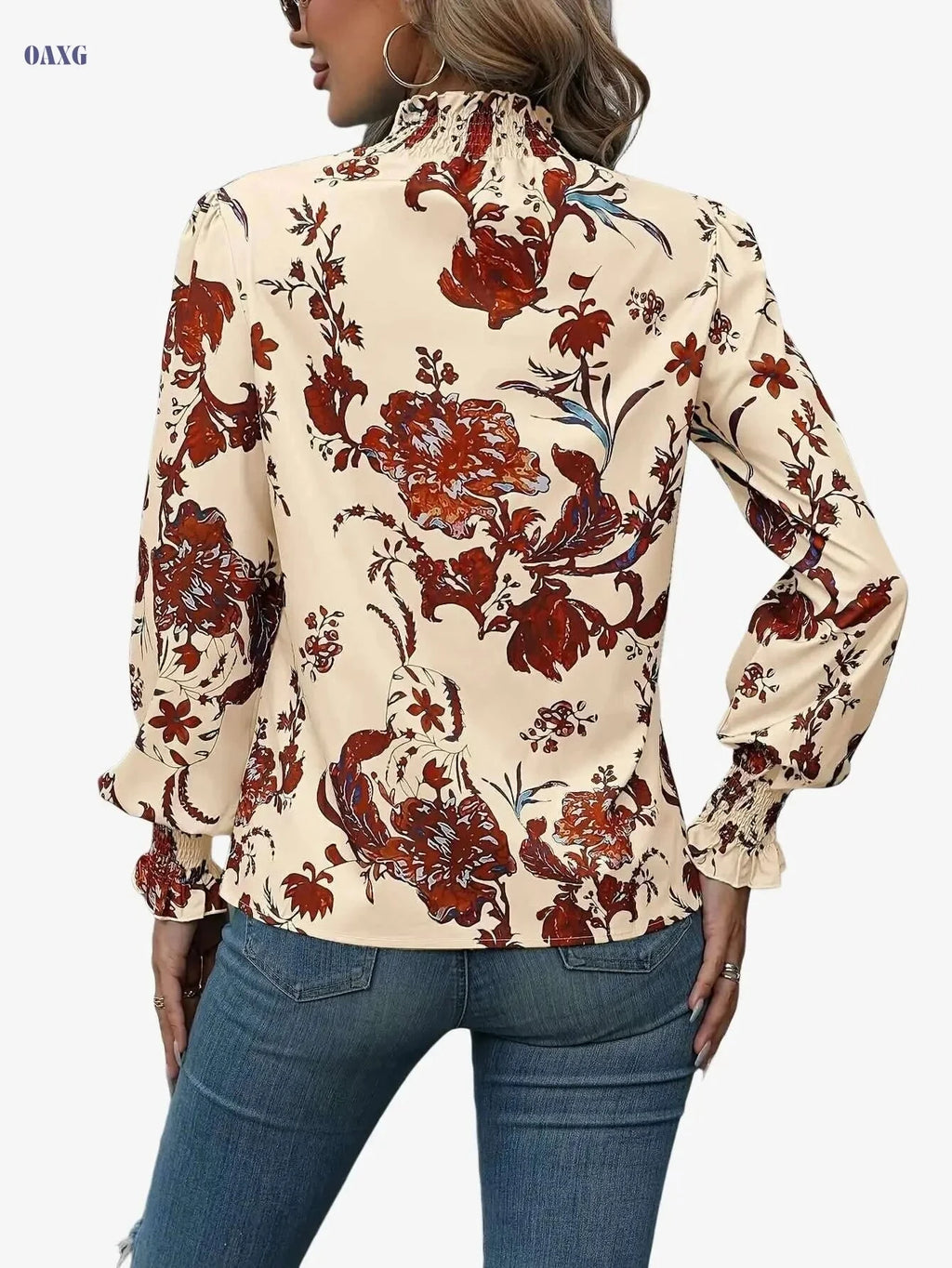 Elegant High Neck Floral Blouse - Ruffle Detail, All-Season Top   OAXG Red / S