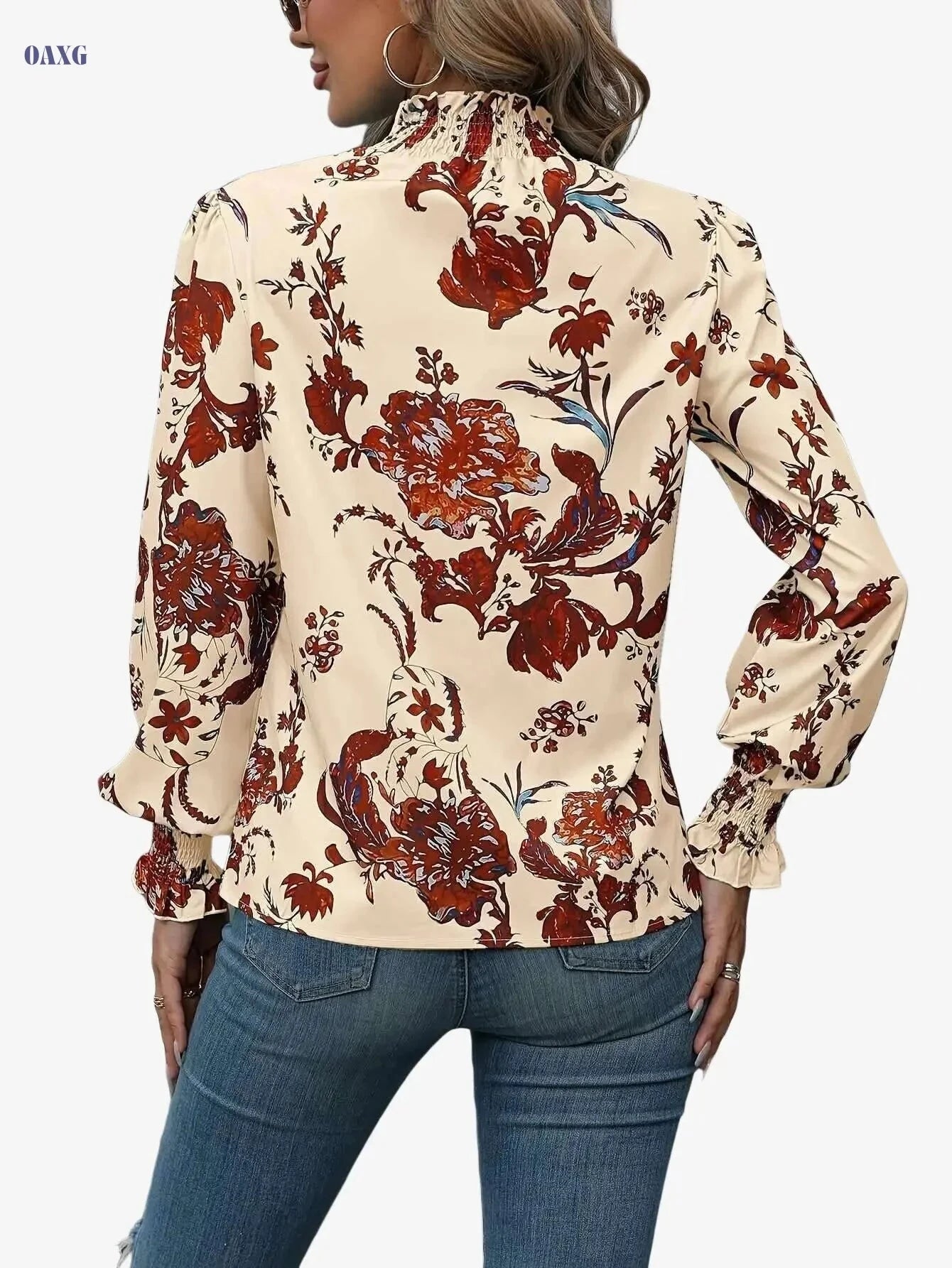 Elegant High Neck Floral Blouse - Ruffle Detail, All-Season Top   OAXG Red / S