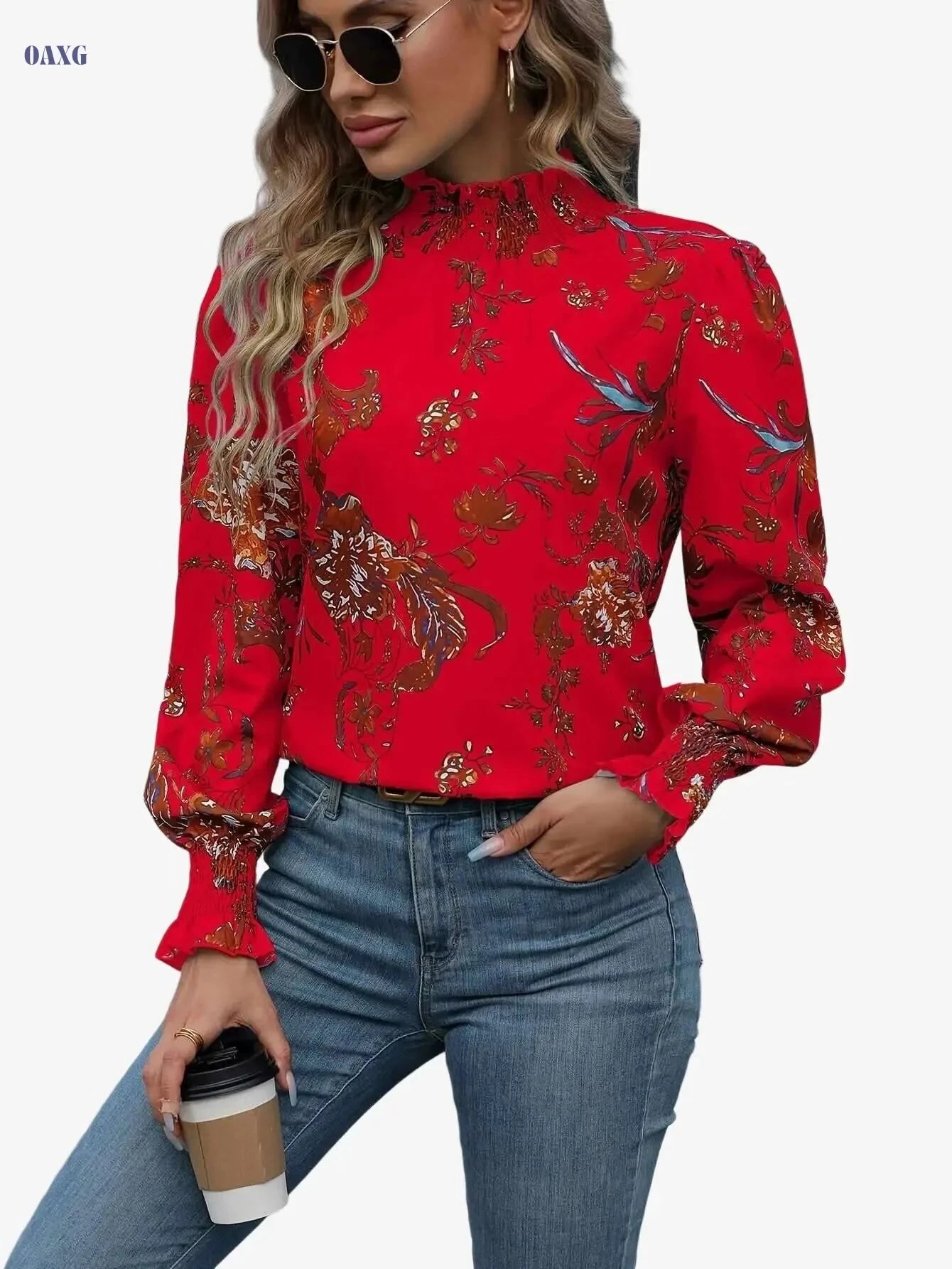 Elegant High Neck Floral Blouse - Ruffle Detail, All-Season Top   OAXG Red / S