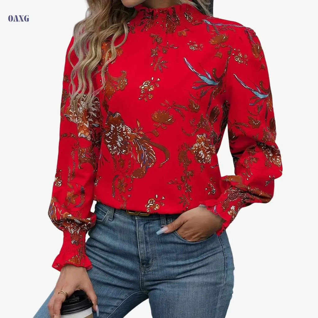 Elegant High Neck Floral Blouse - Ruffle Detail, All-Season Top   OAXG Red / S