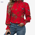 Elegant High Neck Floral Blouse - Ruffle Detail, All-Season Top   OAXG Red / S