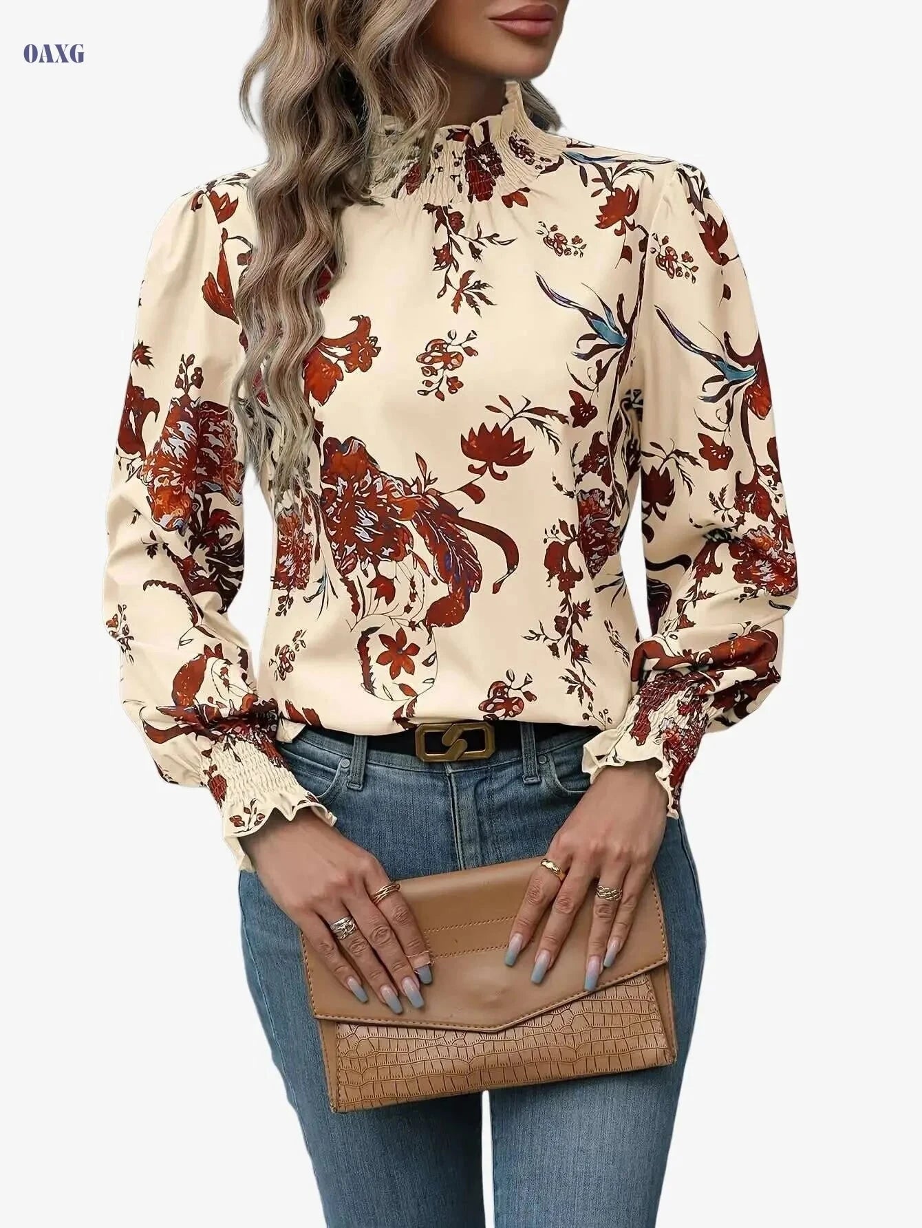 Elegant High Neck Floral Blouse - Ruffle Detail, All-Season Top   OAXG Red / S