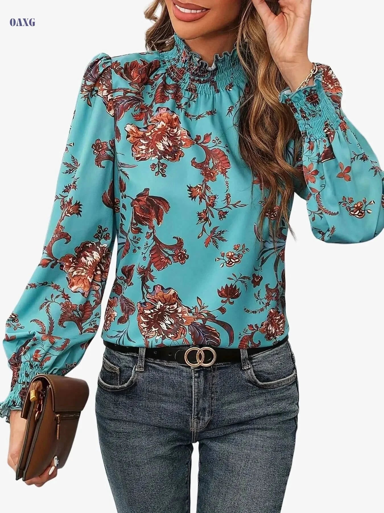Elegant High Neck Floral Blouse - Ruffle Detail, All-Season Top   OAXG 