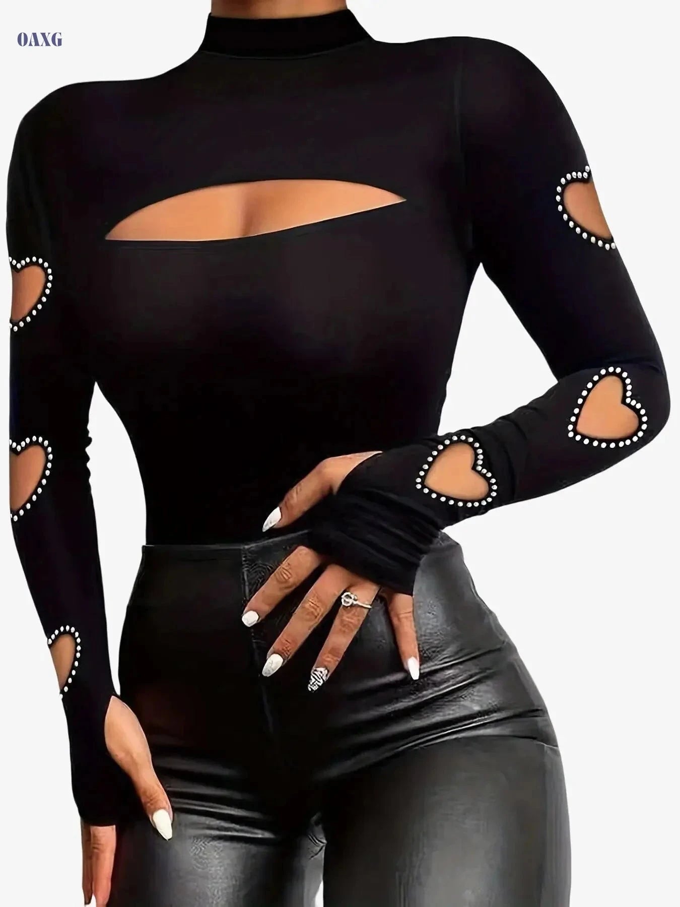Elegant High Neck Long Sleeve Top - Rhinestone Hollow Out Design   OAXG 