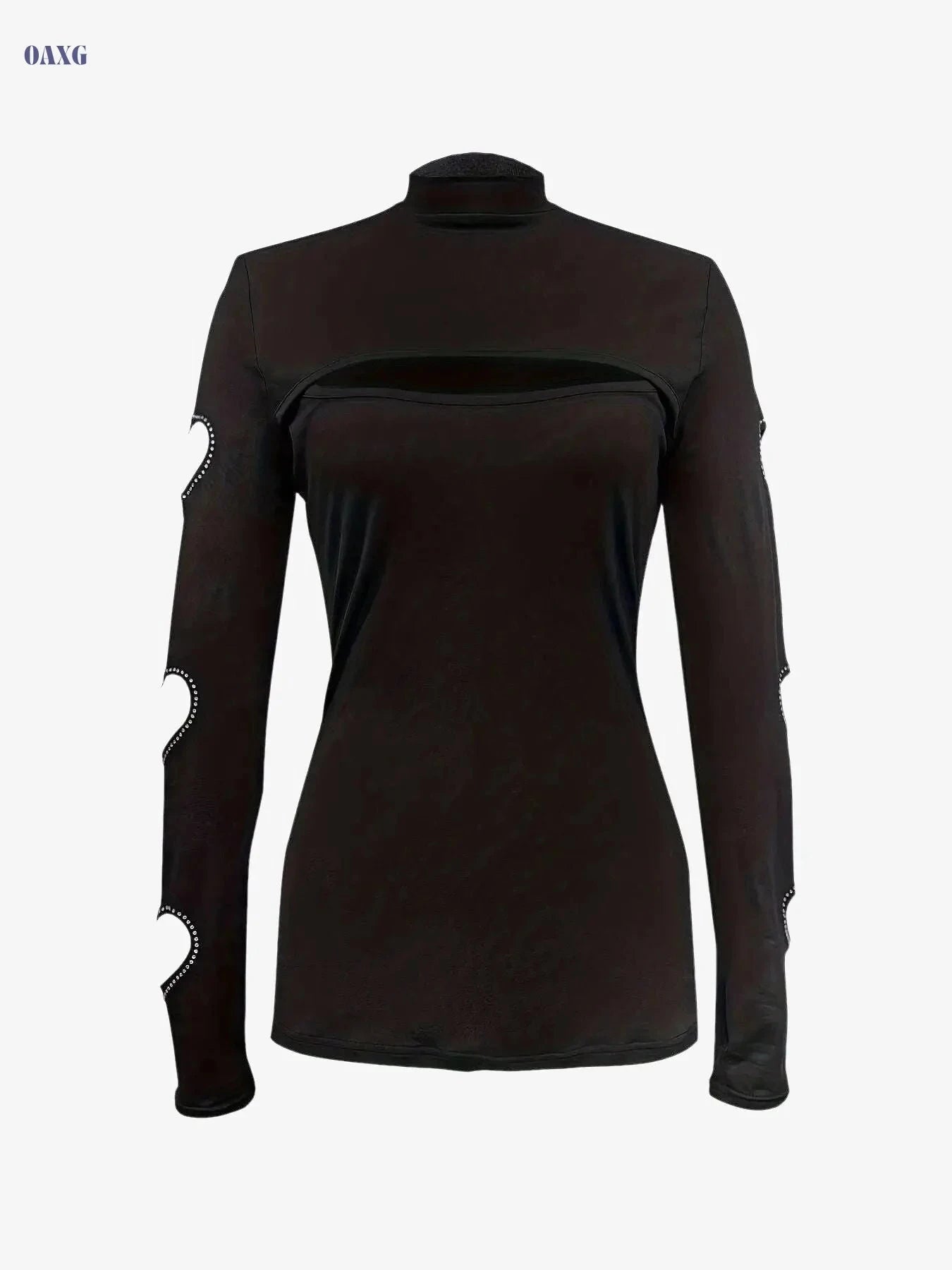 Elegant High Neck Long Sleeve Top - Rhinestone Hollow Out Design   OAXG Black / S