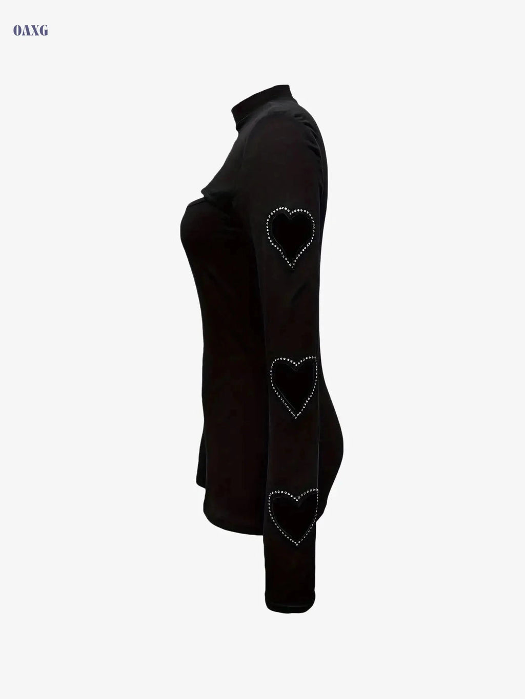 Elegant High Neck Long Sleeve Top - Rhinestone Hollow Out Design   OAXG Black / S