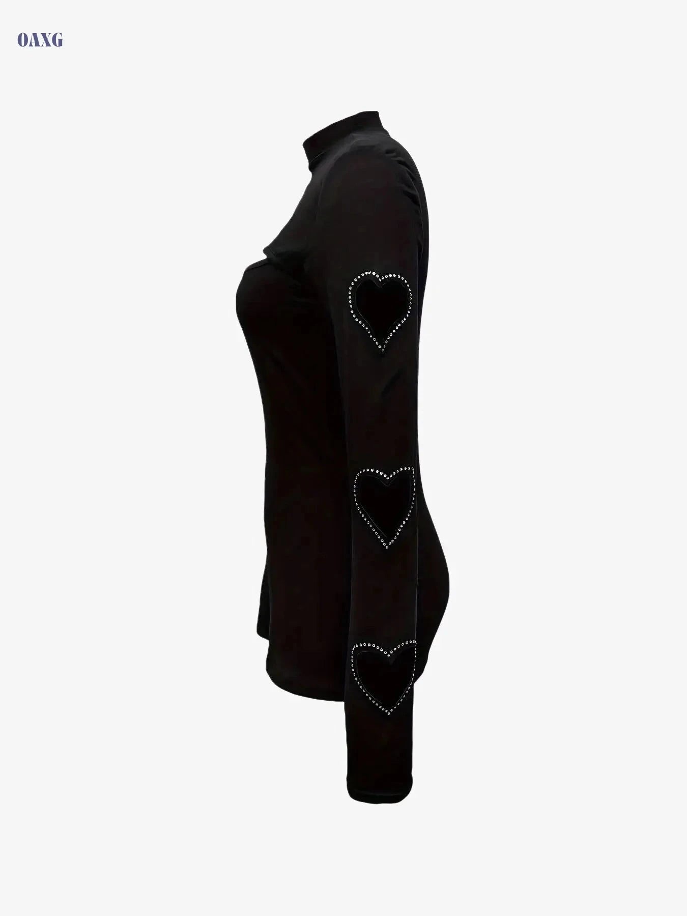 Elegant High Neck Long Sleeve Top - Rhinestone Hollow Out Design   OAXG Black / S