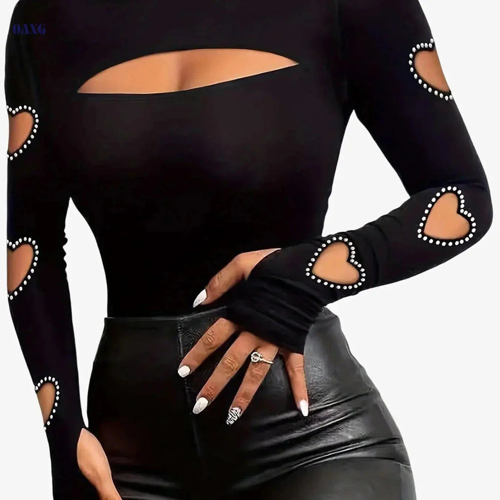 Elegant High Neck Long Sleeve Top - Rhinestone Hollow Out Design   OAXG 