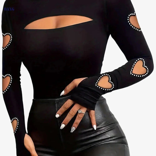 Elegant High Neck Long Sleeve Top - Rhinestone Hollow Out Design   OAXG 
