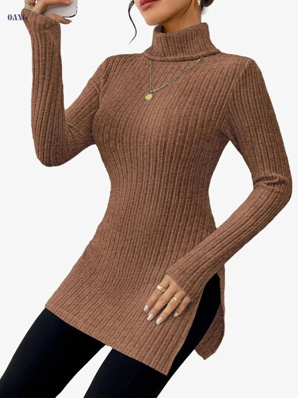 Elegant High-Neck Turtleneck Top - Women's Soft Knit All-Season Wear   OAXG Sky Blue / S