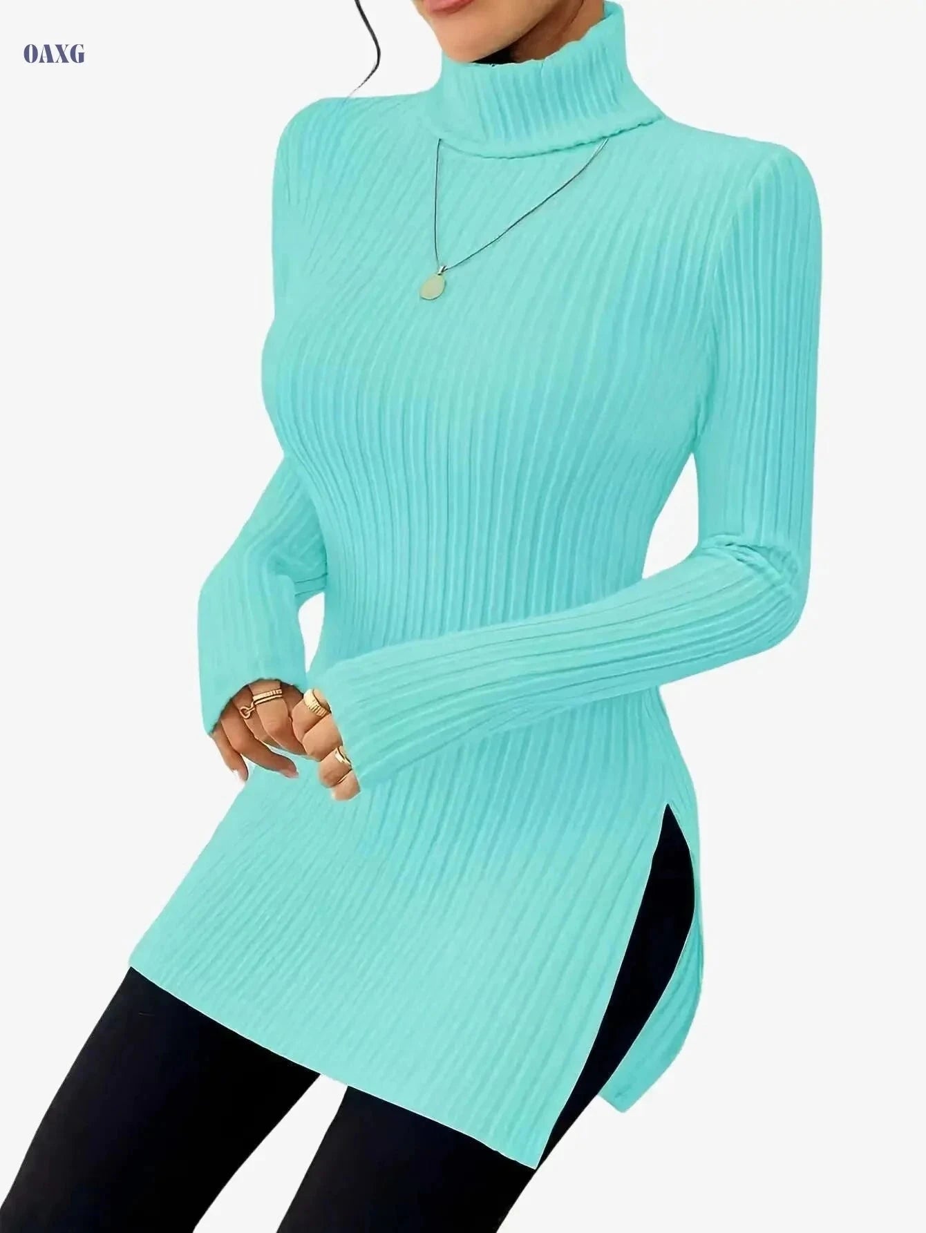 Elegant High-Neck Turtleneck Top - Women's Soft Knit All-Season Wear   OAXG Sky Blue / S