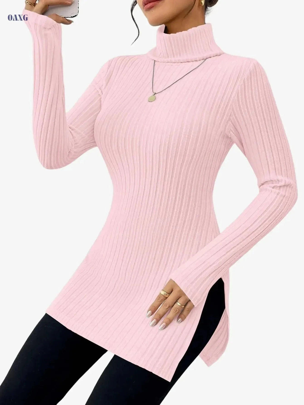 Elegant High-Neck Turtleneck Top - Women's Soft Knit All-Season Wear   OAXG Sky Blue / S