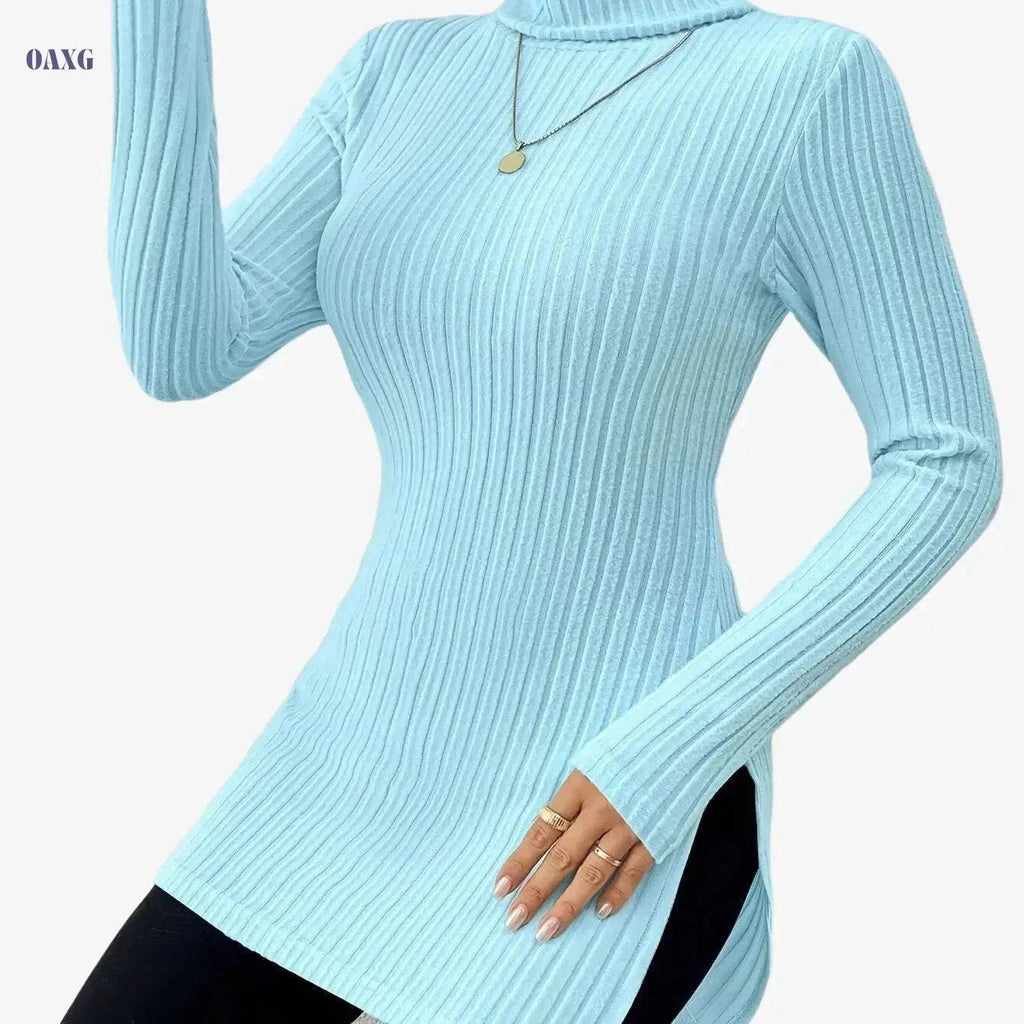 Elegant High-Neck Turtleneck Top - Women's Soft Knit All-Season Wear   OAXG Sky Blue / S