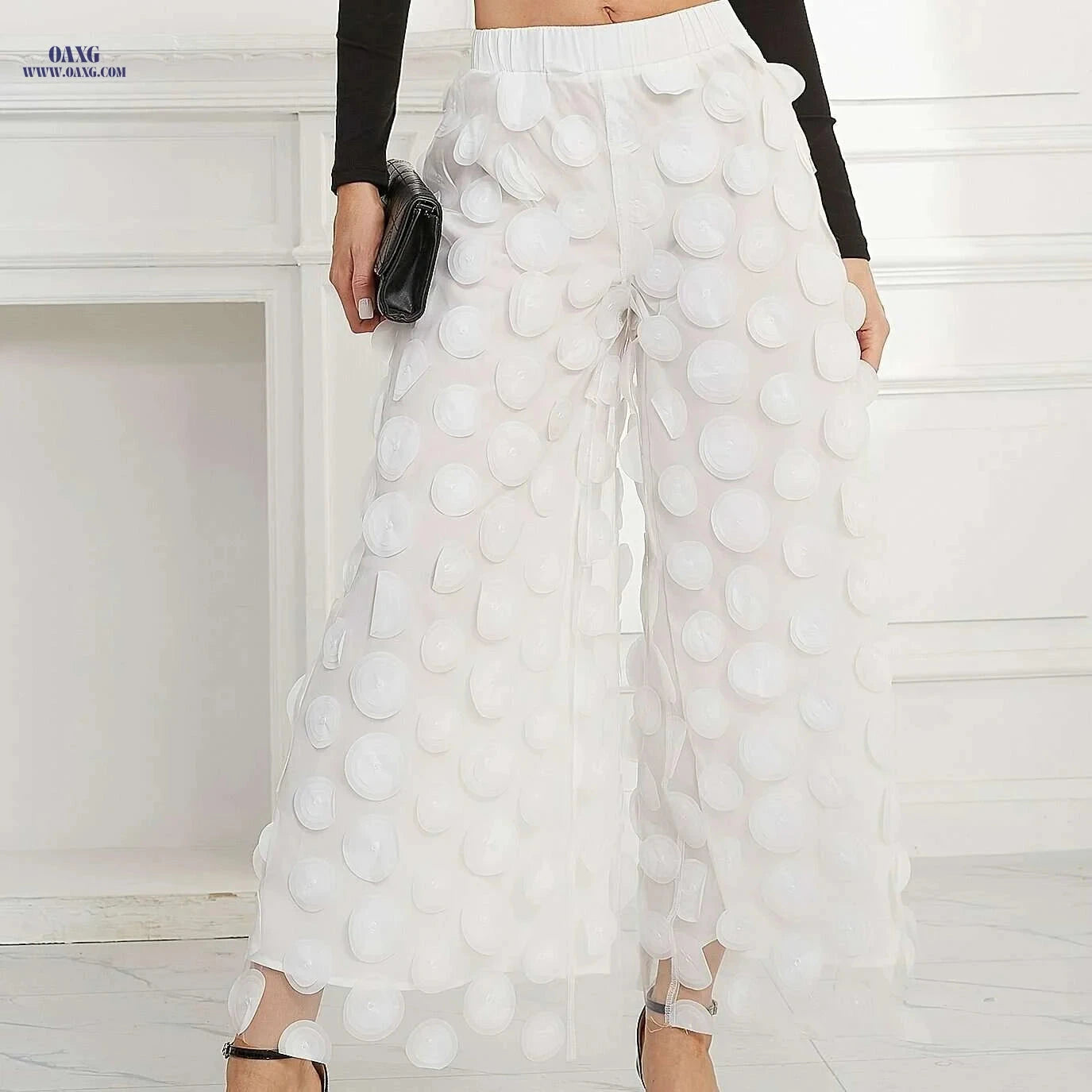 Elegant High-Waist Black Mesh Pants - Slimming Semi-Sheer Design   OAXG 