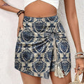 Elegant High-Waist Blue & Gray Floral Print Shorts - Summer Chic   OAXG 