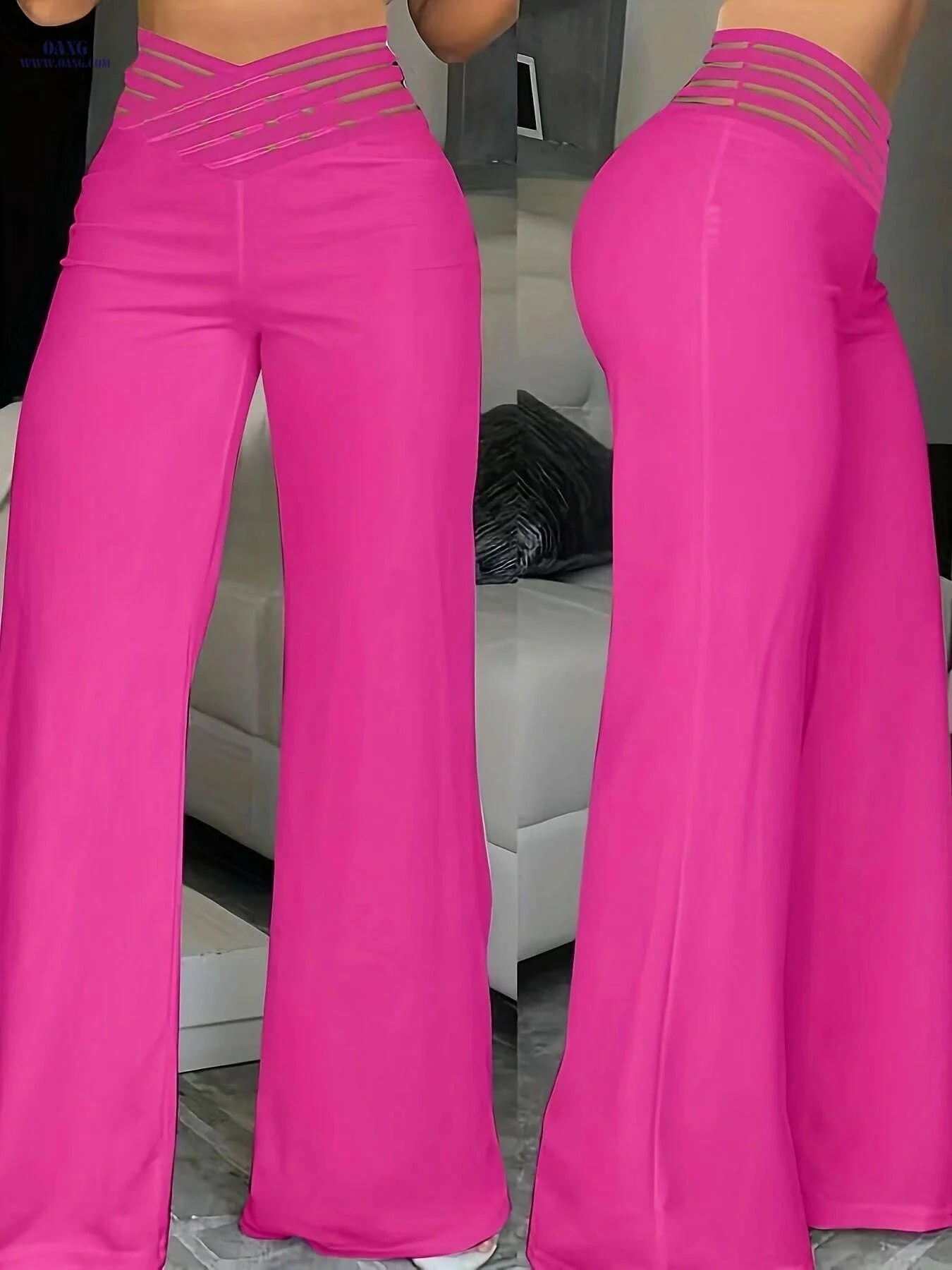 Elegant High-Waist Cross Detail Pants - Solid Color, Machine Washable   OAXG Black / S