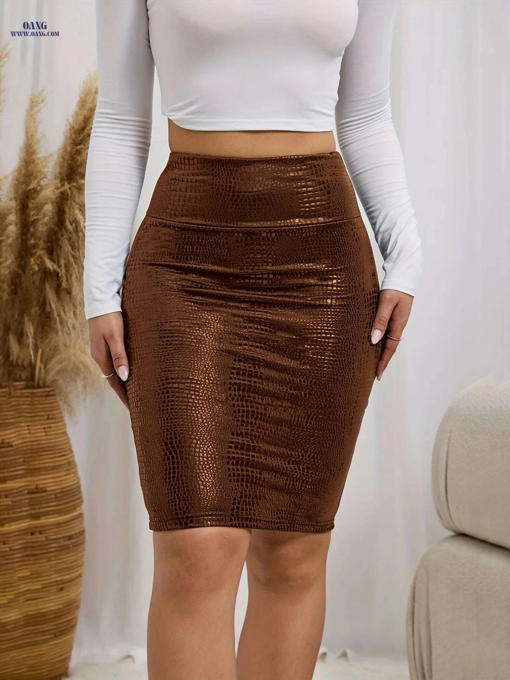 Elegant High-Waist Faux Crocodile PU Skirt - Bodycon Mini for Fall   OAXG 