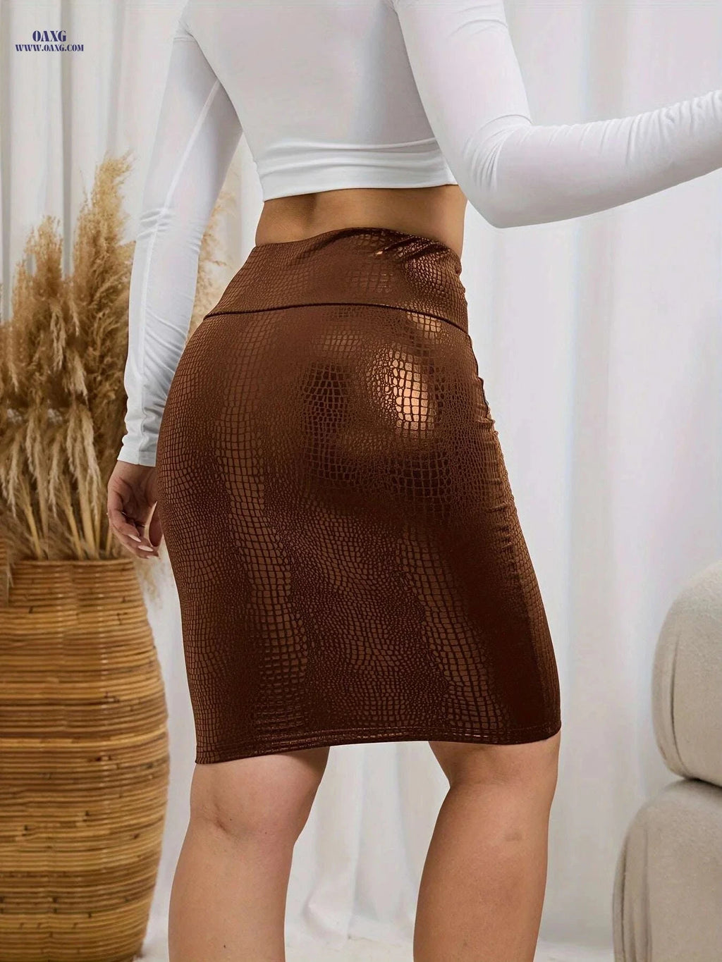 Elegant High-Waist Faux Crocodile PU Skirt - Bodycon Mini for Fall   OAXG Black / S