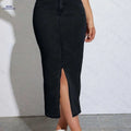 Elegant High-Waist Faux Denim Long Skirt - Bodycon Street Style   OAXG 