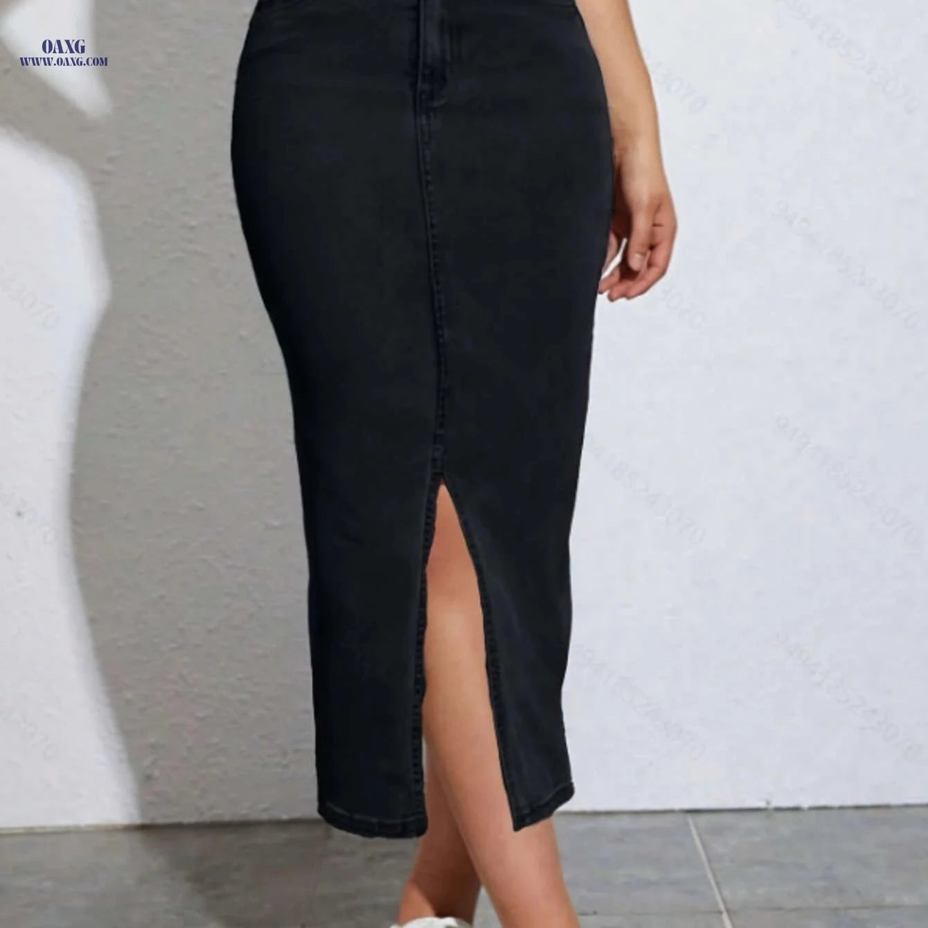 Elegant High-Waist Faux Denim Long Skirt - Bodycon Street Style   OAXG 