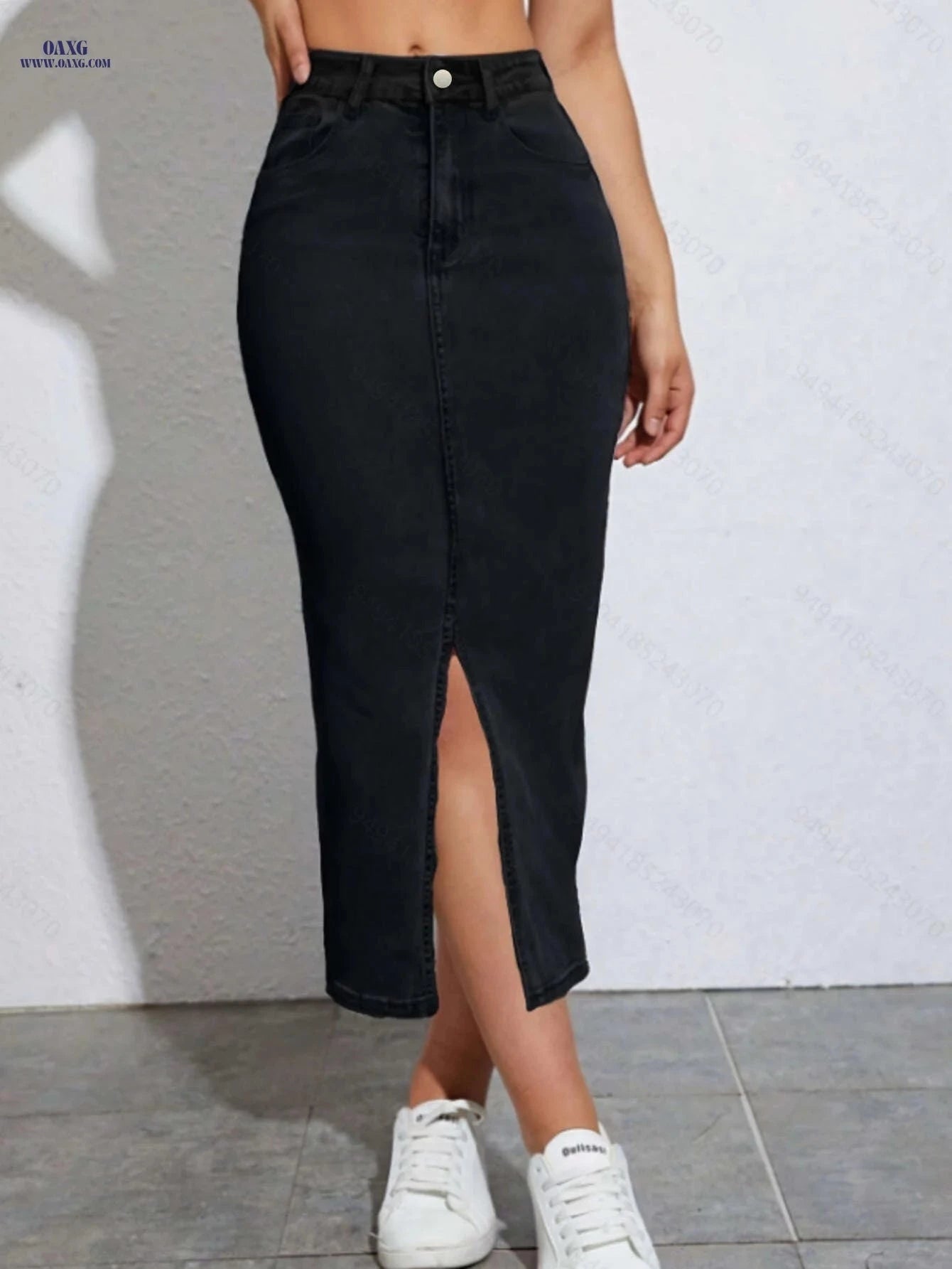 Elegant High-Waist Faux Denim Long Skirt - Bodycon Street Style   OAXG 
