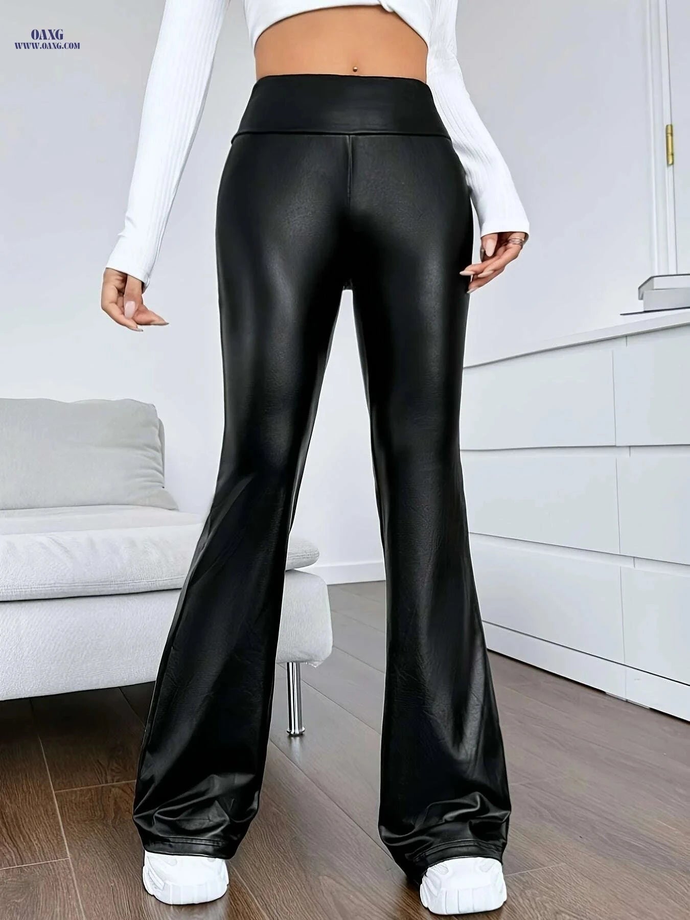 Elegant High Waist Flare Leg Pants - 100% Polyester, Mid Elasticity   OAXG 