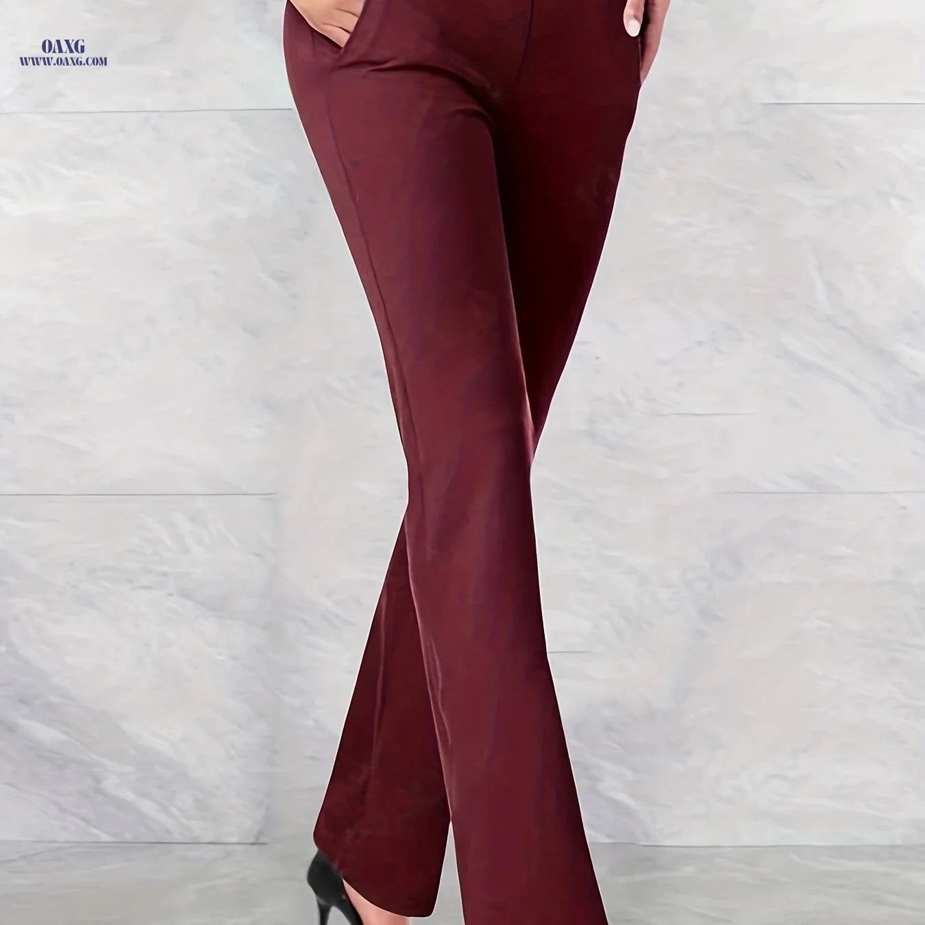 Elegant High-Waist Flare Leg Pants - Solid Color, Regular Fit   OAXG Color of Navy blue / S