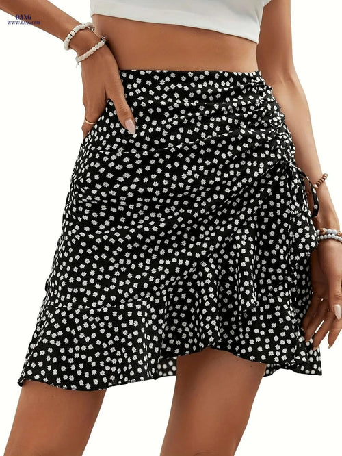 Elegant High-Waist Polka Dot Skirt - Women's Floral Wrap Design   OAXG 