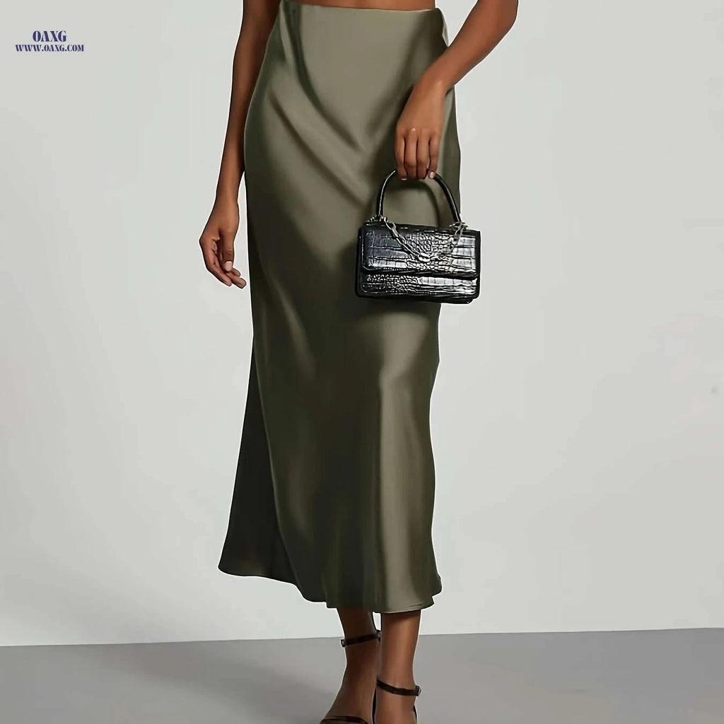Elegant High-Waist Satin Skirt - Solid Color for Parties & Daily Wear   OAXG 