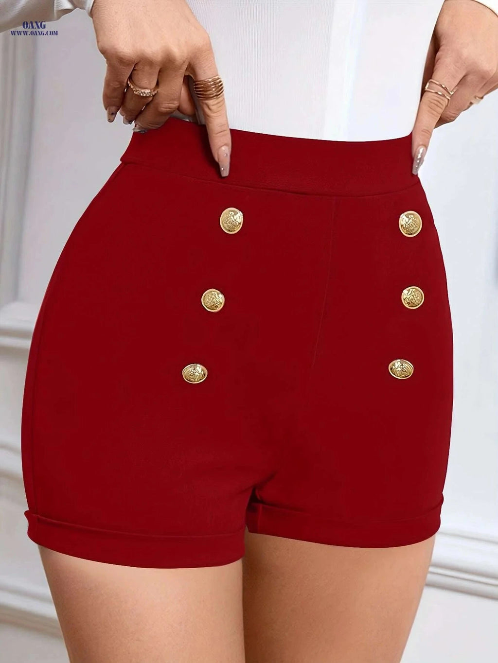 Elegant High Waist Shorts for Women - Stylish Button Decor   OAXG 