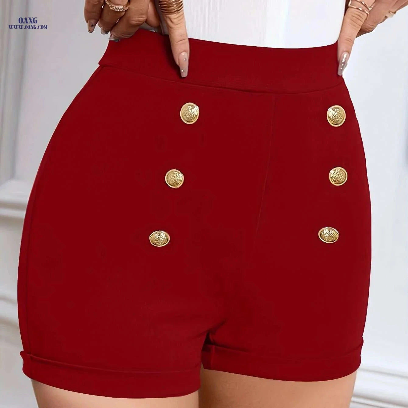 Elegant High Waist Shorts for Women - Stylish Button Decor   OAXG 