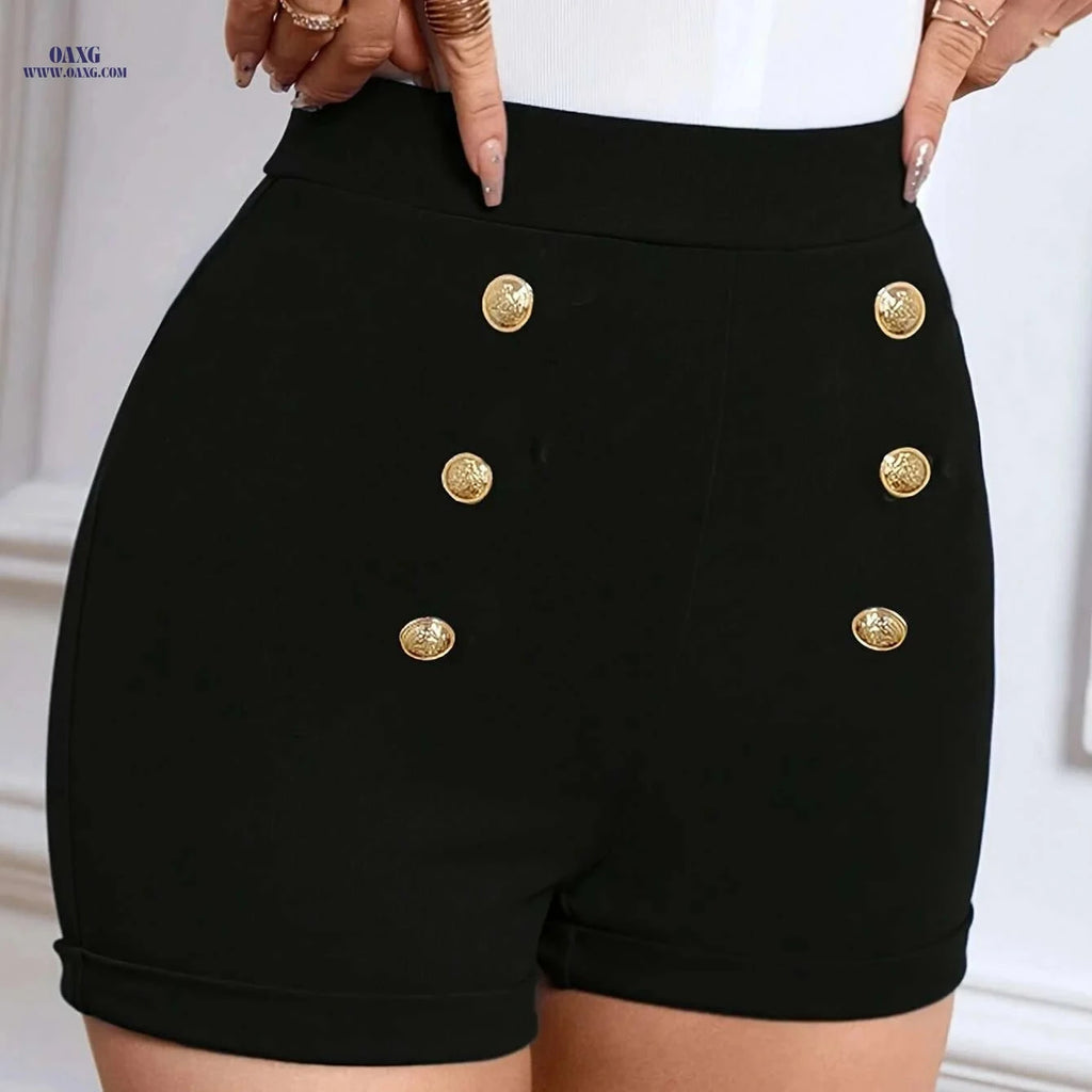 Elegant High Waist Shorts for Women - Stylish Button Decor   OAXG 
