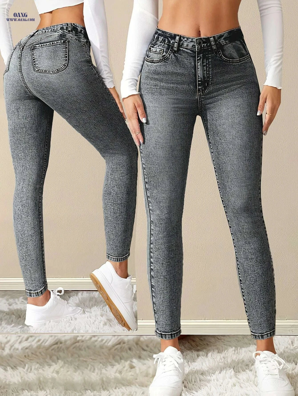 Elegant High-Waist Skinny Jeans - All-Season High Stretch Denim   OAXG Grey / XS
