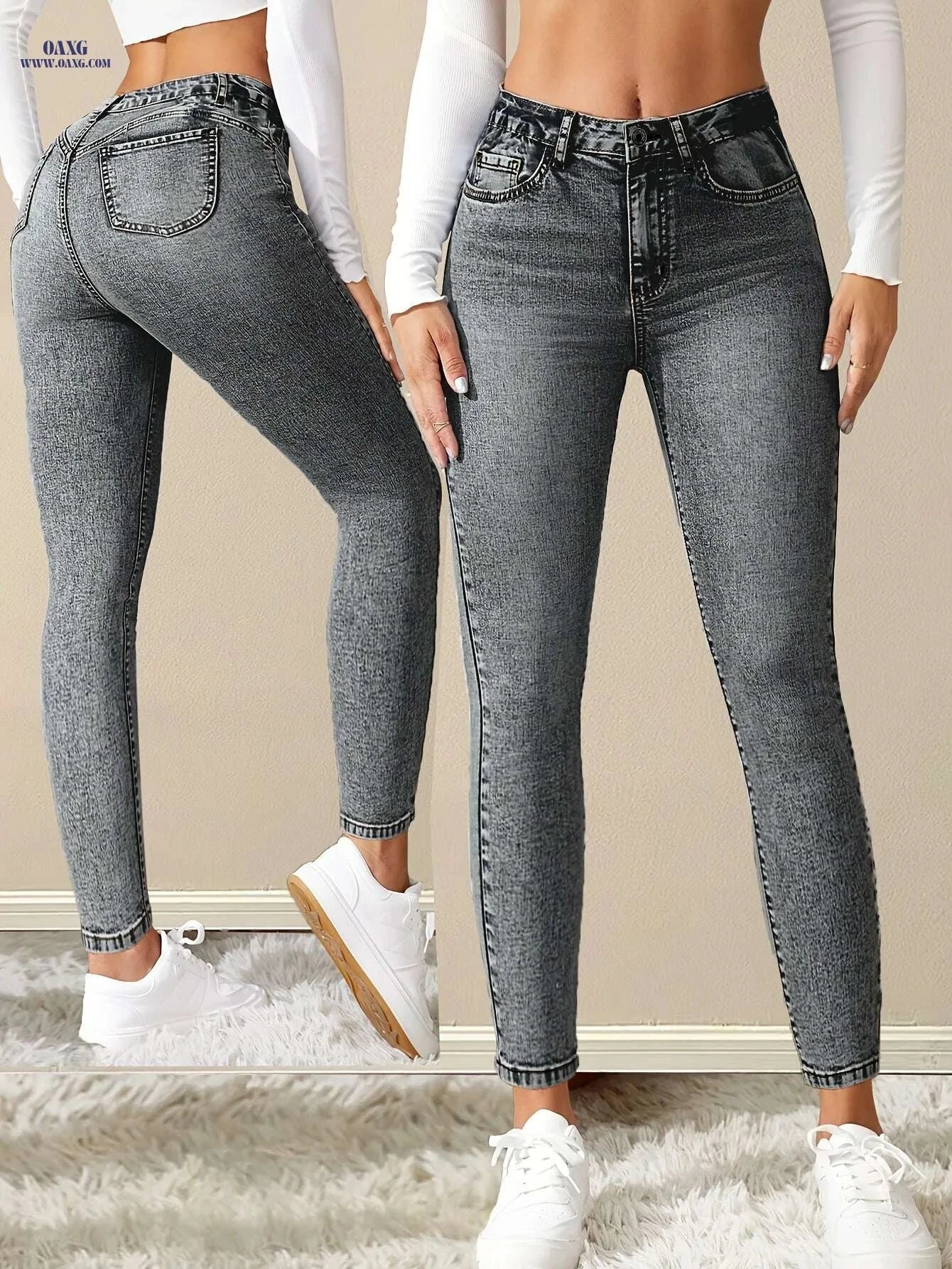 Elegant High-Waist Skinny Jeans - All-Season High Stretch Denim   OAXG Grey / XS