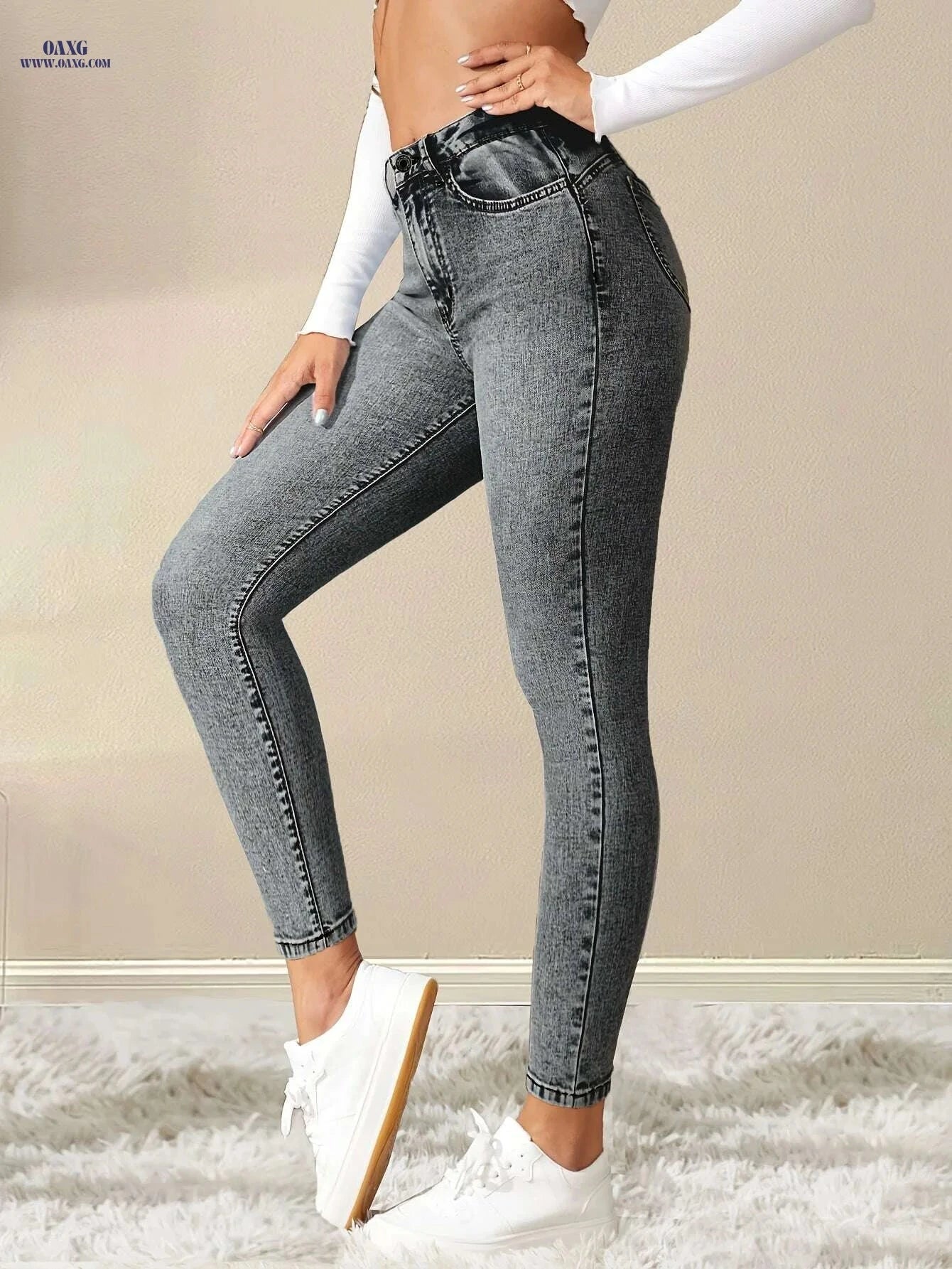 Elegant High-Waist Skinny Jeans - All-Season High Stretch Denim   OAXG Grey / XS