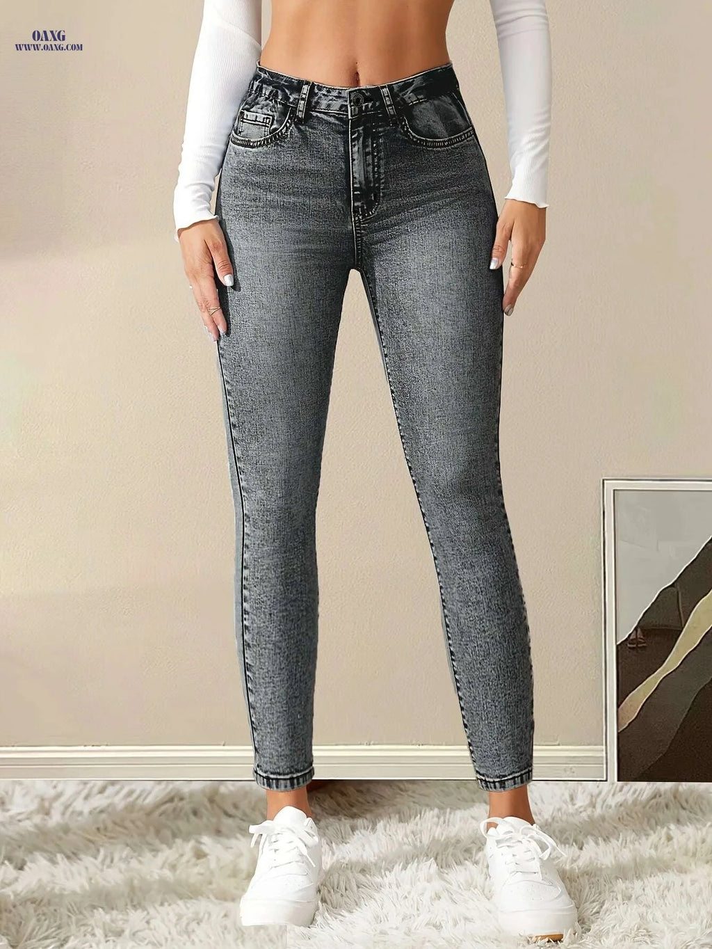 Elegant High-Waist Skinny Jeans - All-Season High Stretch Denim   OAXG Grey / XS