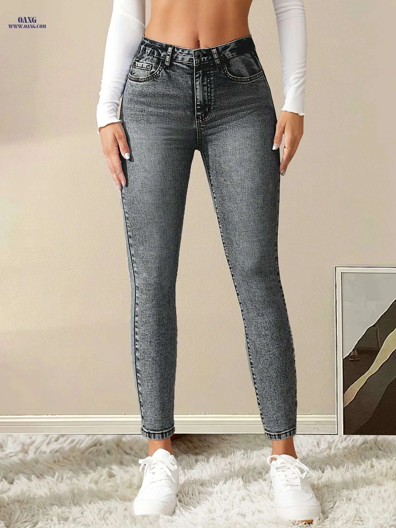 Elegant High-Waist Skinny Jeans - All-Season High Stretch Denim   OAXG Grey / XS