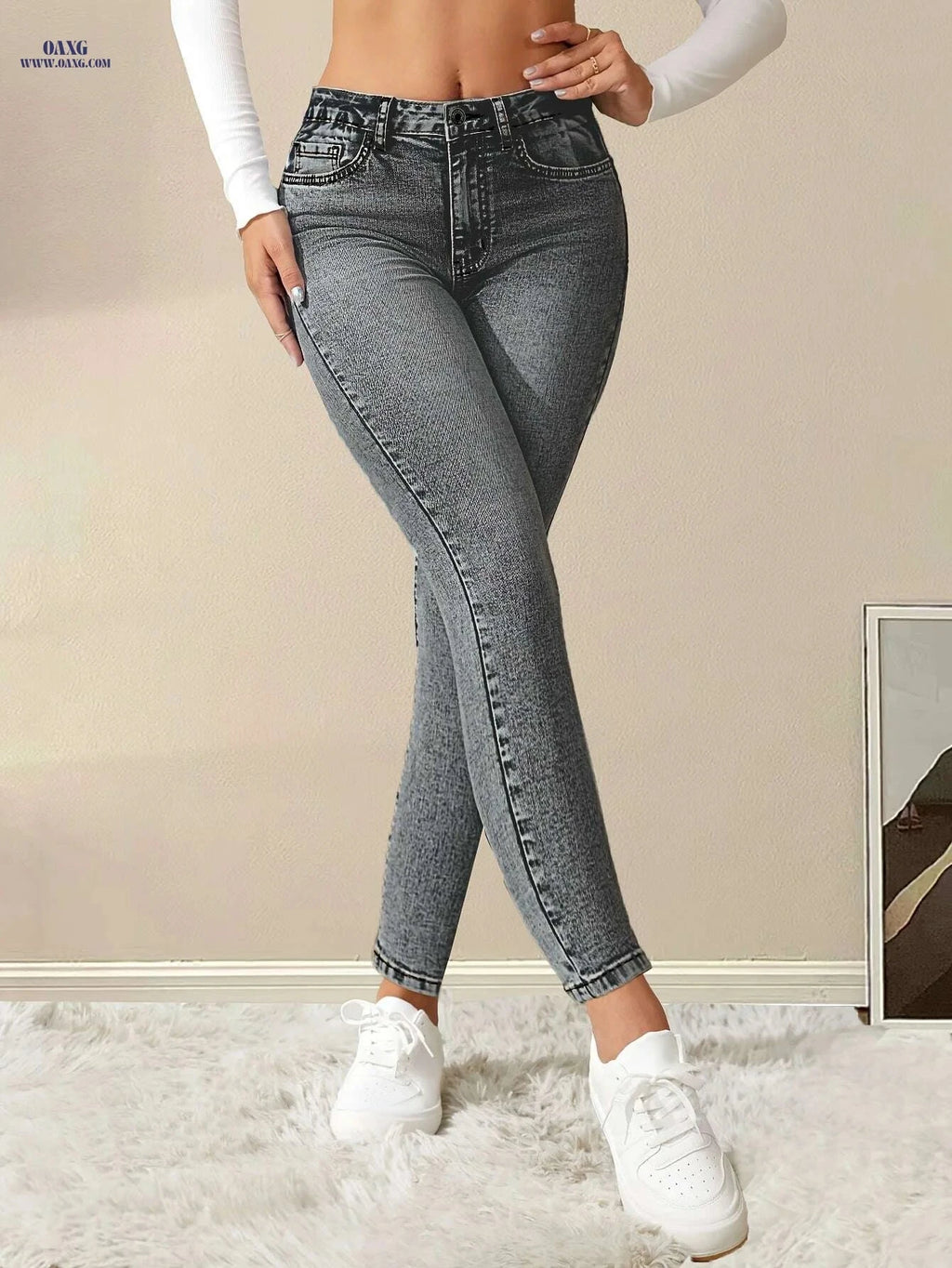 Elegant High-Waist Skinny Jeans - All-Season High Stretch Denim   OAXG Grey / XS