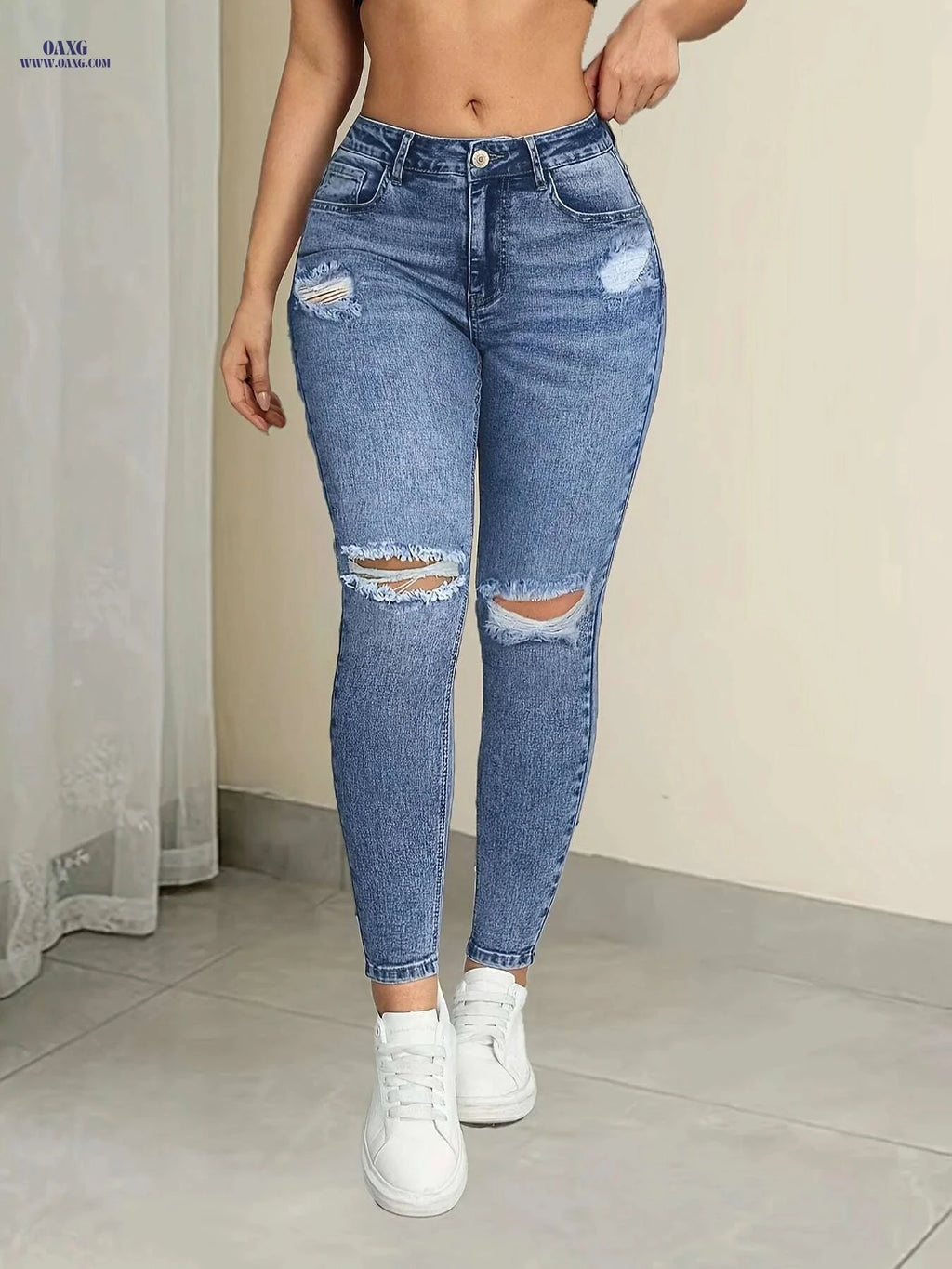 Elegant High-Waist Skinny Jeans with Blue Snowflake Ripped Detail   OAXG Deep Sky Blue / XS