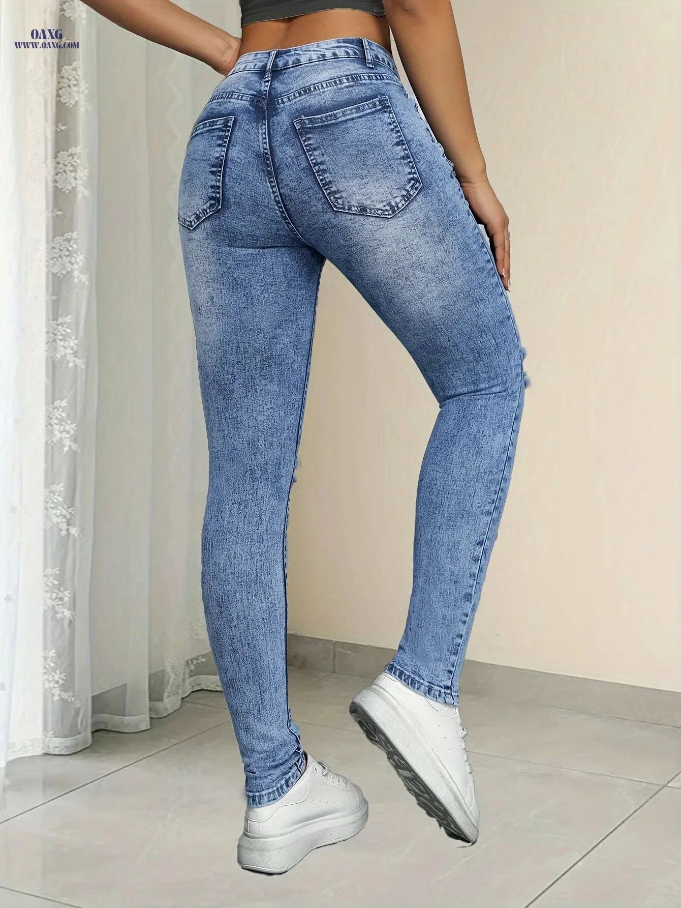 Elegant High-Waist Skinny Jeans with Blue Snowflake Ripped Detail   OAXG Deep Sky Blue / XS