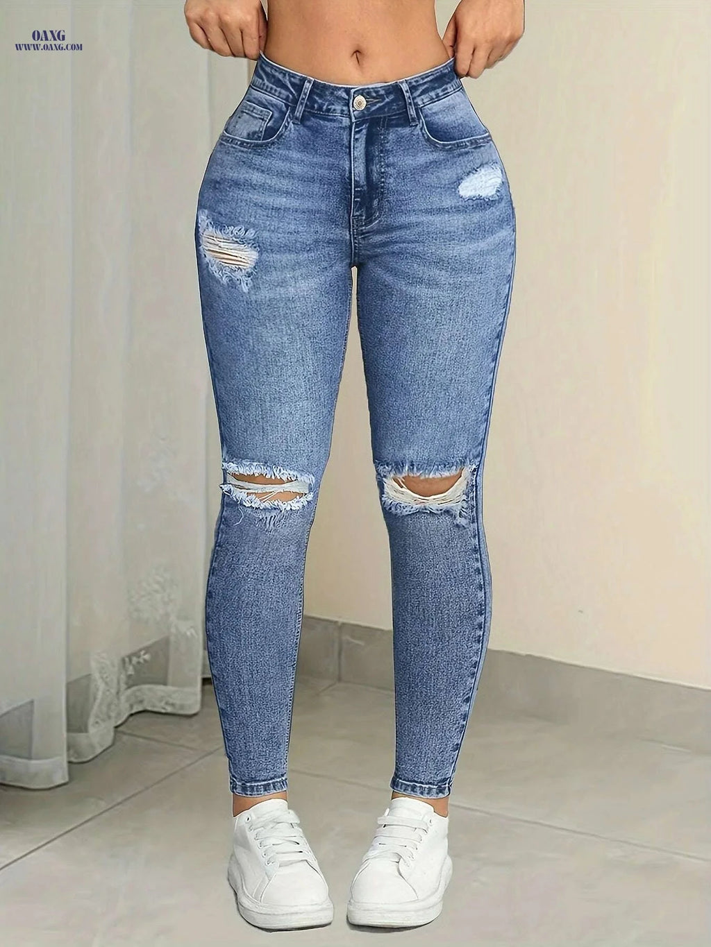 Elegant High-Waist Skinny Jeans with Blue Snowflake Ripped Detail   OAXG Deep Sky Blue / XS