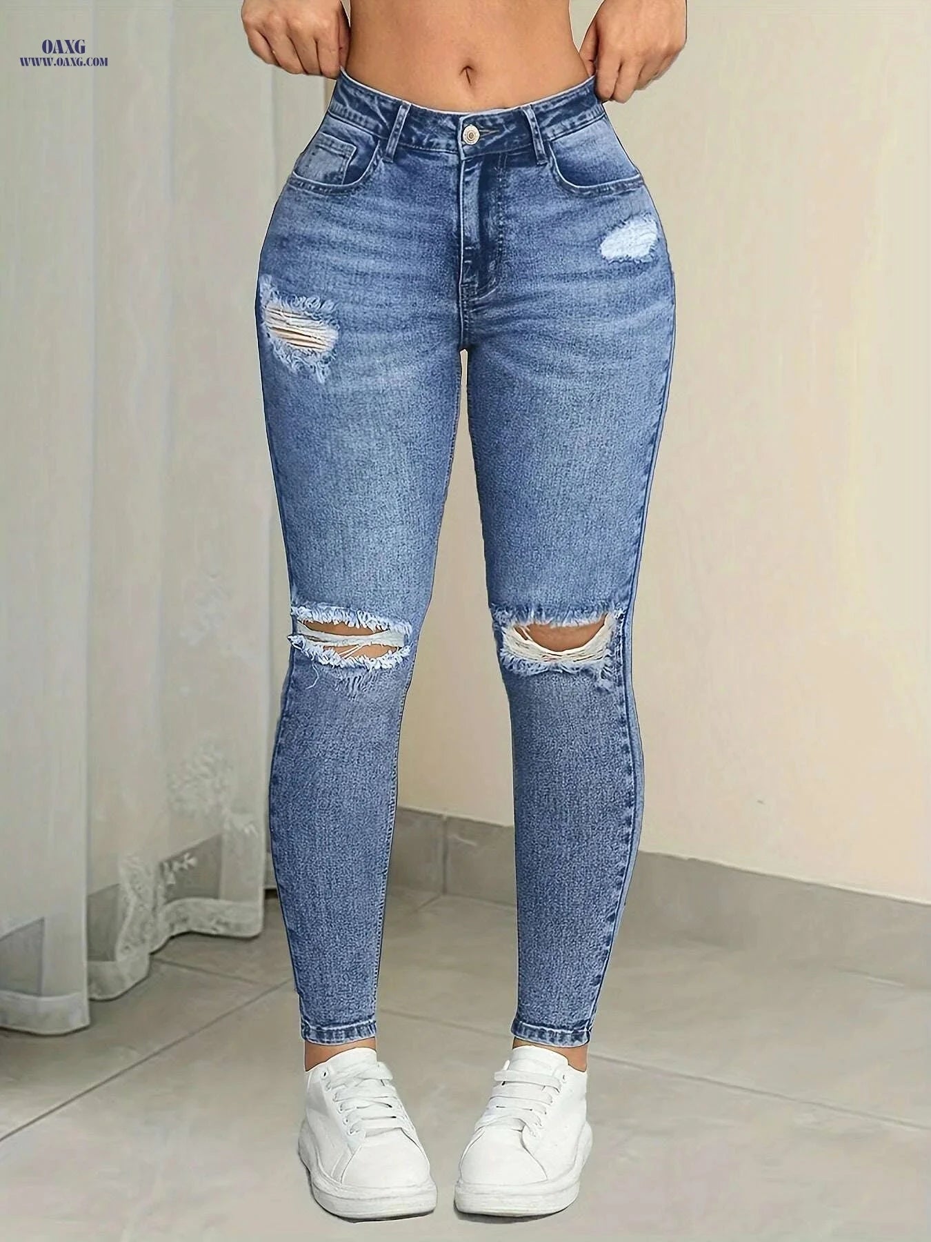 Elegant High-Waist Skinny Jeans with Blue Snowflake Ripped Detail   OAXG Deep Sky Blue / XS