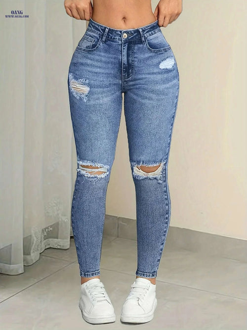 Elegant High-Waist Skinny Jeans with Blue Snowflake Ripped Detail   OAXG Deep Sky Blue / XS
