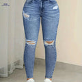 Elegant High-Waist Skinny Jeans with Blue Snowflake Ripped Detail   OAXG Deep Sky Blue / XS